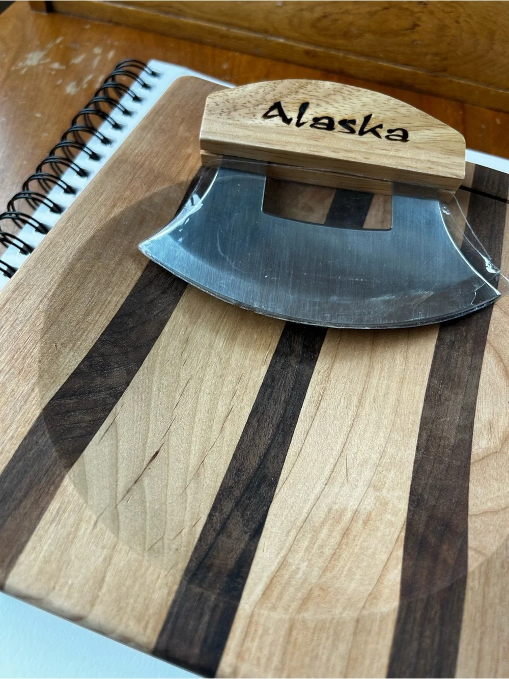 Alaska Wood Handle Mezzaluna Knife with Striped Cutting Board